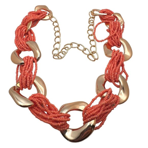 80s 90s Chunky Boho Vibe Necklace Orange Seed Bead Gold Color Links Chain Granny - Picture 4 of 4